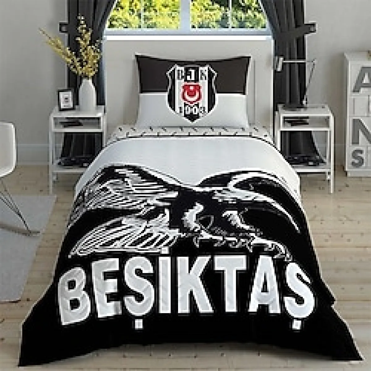 Taç Lisanslı Kapitoneli Nevresim Takımı Beşiktaş Kartal Tek Kişilik - 160 x 200 cm - Siyah - Beyaz