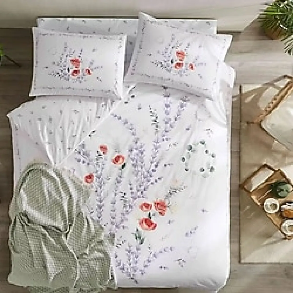 Taç Sunshine Throwlu Ranforce Çift Kişilik Nevresim Takımı ( 2 Adet Fincan Yeşil) - Açık Yeşil - 200 x 220 cm