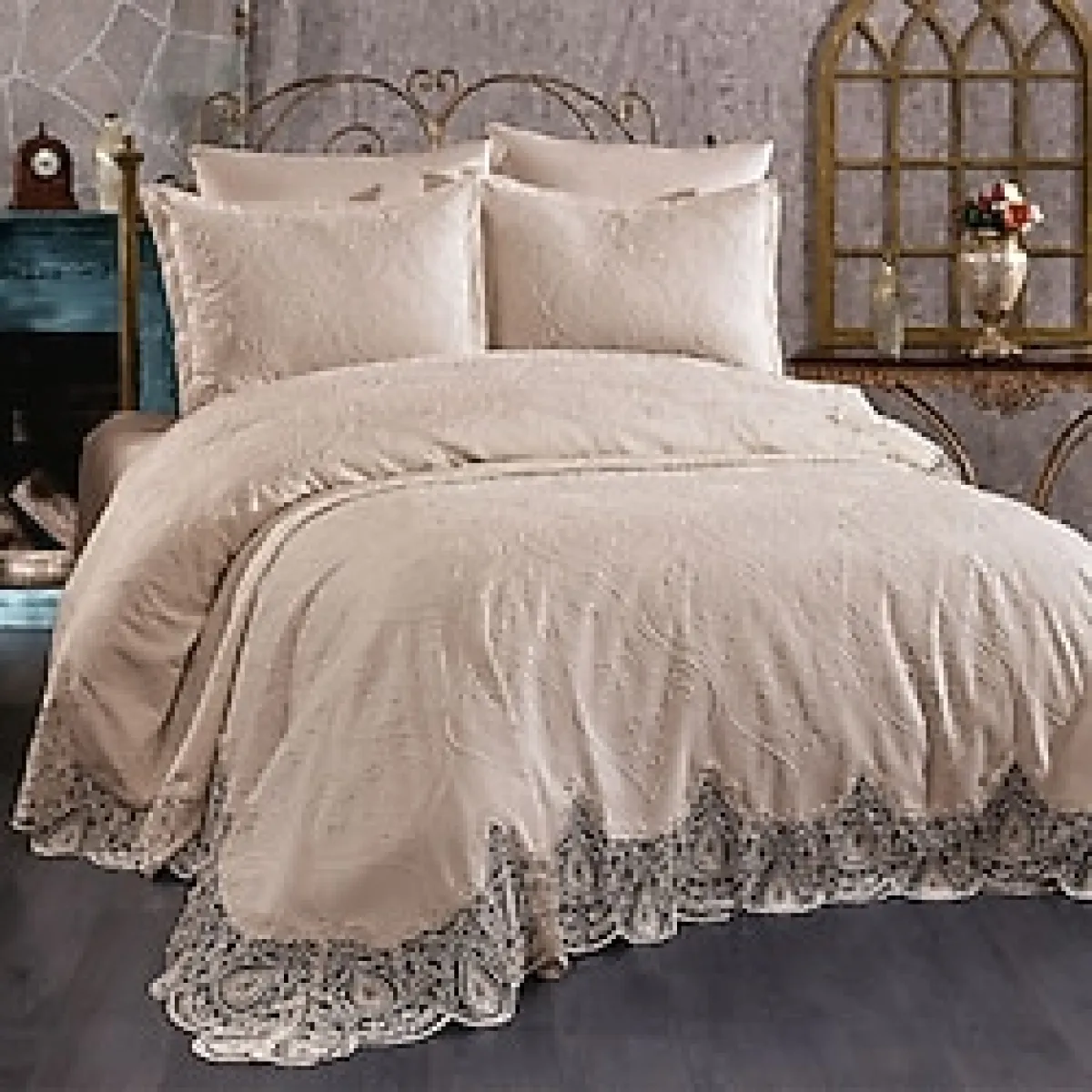 Tavolo Laura 3 Parça Dantelli Lüx Yatak Örtüsü - Kahve - 240 x 250 cm