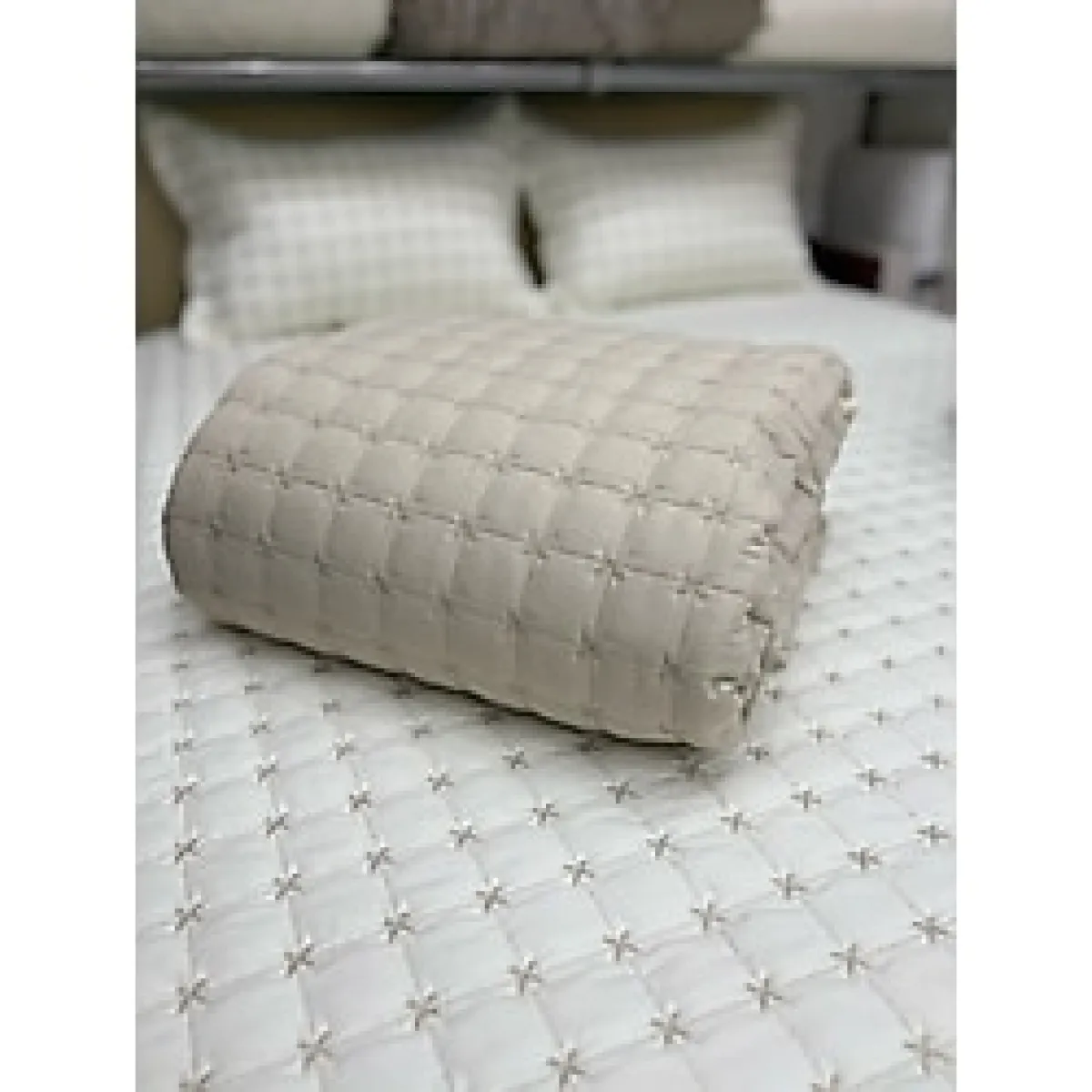 Tek Kişilik Kapitoneli Yatak Örtüsü Takımı - Pike Takımı - Bej