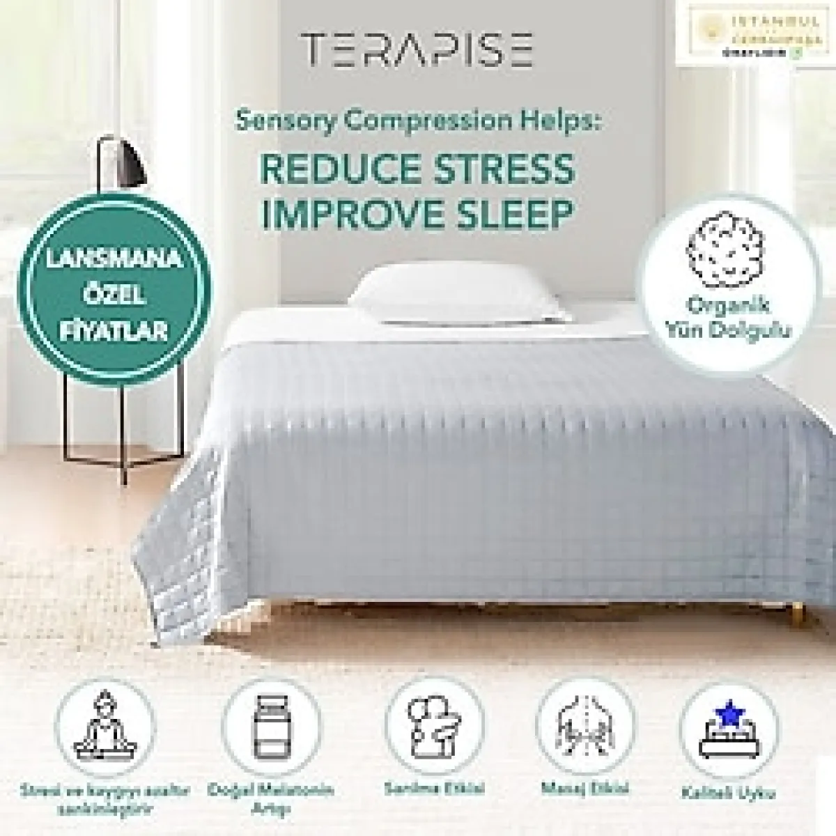 Terapise Yün Dolgulu Ağırlıklı Battaniye / Yorgan 3 kg Çocuklar Için Dış Kumaş: %100 Pamuk - 010 - Beyaz - 100 x 150 cm