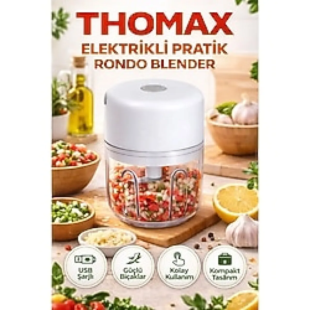 Thomax Çok Amaçlı Şarjlı Otomatik 3 Bıçaklı Rondo Blender Doğrayıcı Gıda ve Baharat Öğütücü - Beyaz