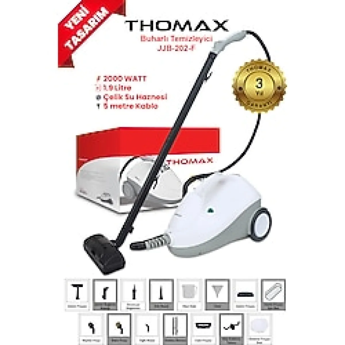 THOMAX Çok Fonksiyonlu Buharlı Temizleyici Buharlı Temizlik 2000 Watt 1.9lt