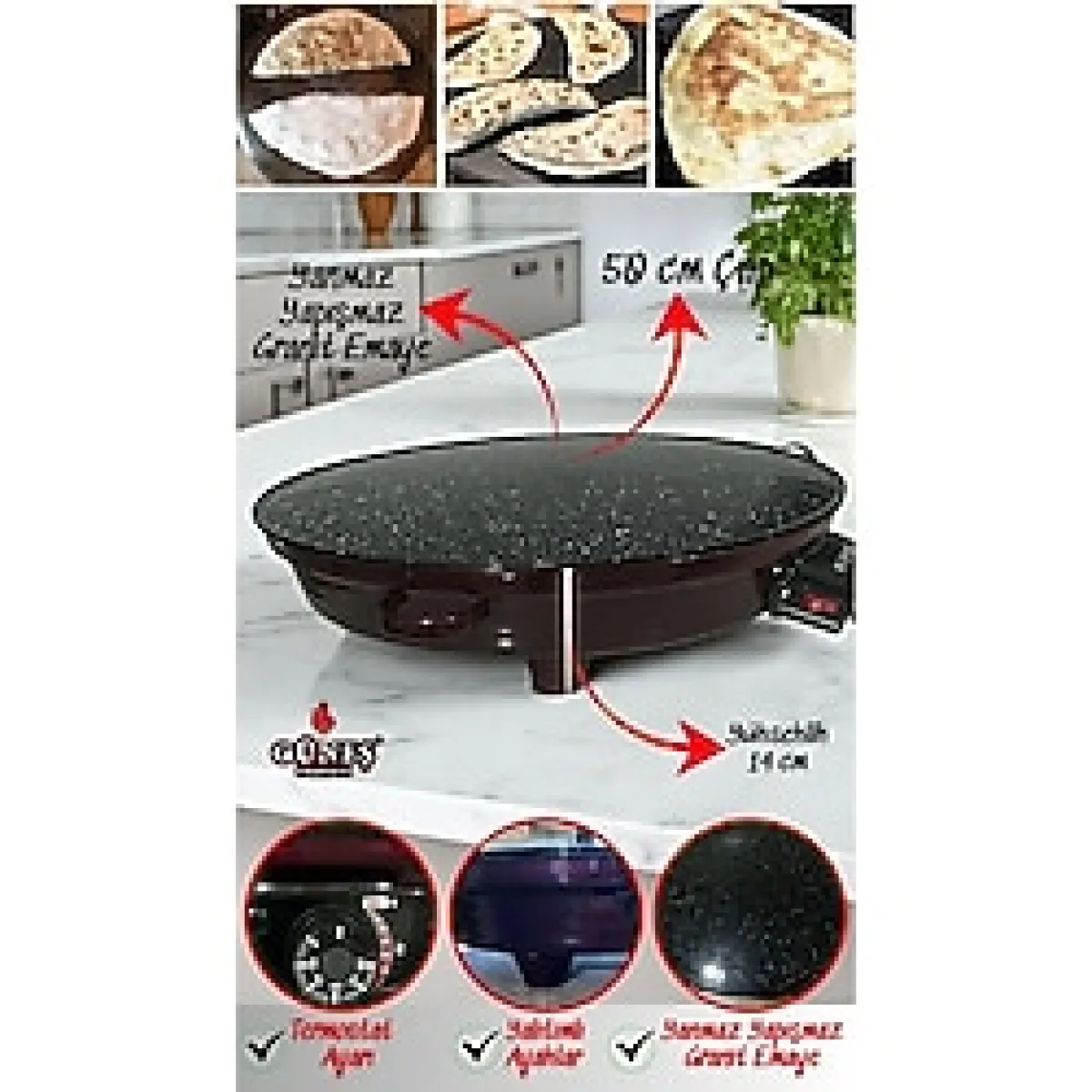 Trendhane 2000W Elektrikli Lüks Termostatlı 50 cm Ekmek,gözleme,börek ve Katmer Sacı L Granit Emaye - Çok Renkli