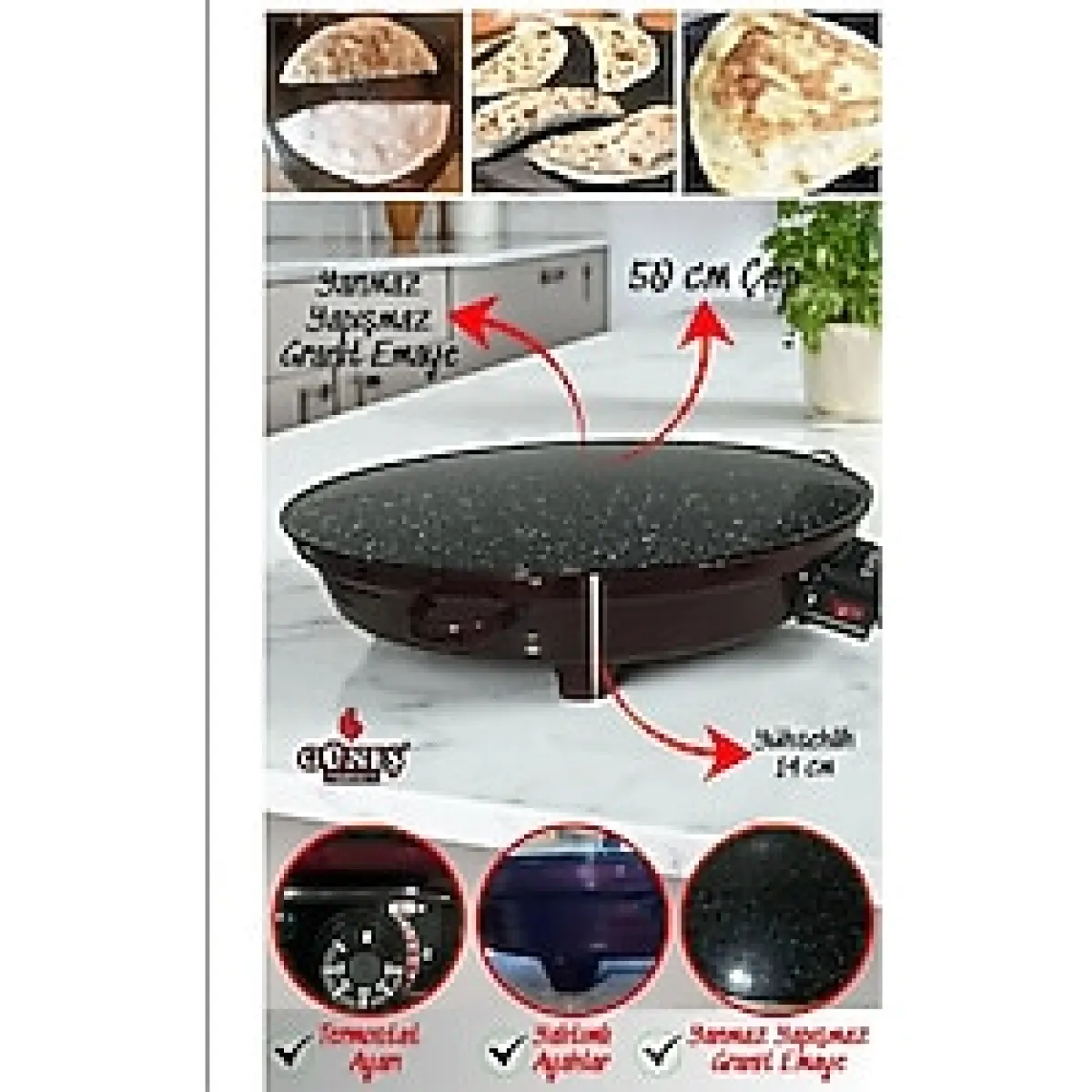 Trendhane Termostatlı Elektrikli Katmer Gözleme Sacı Büyük Boy - Çok Renkli