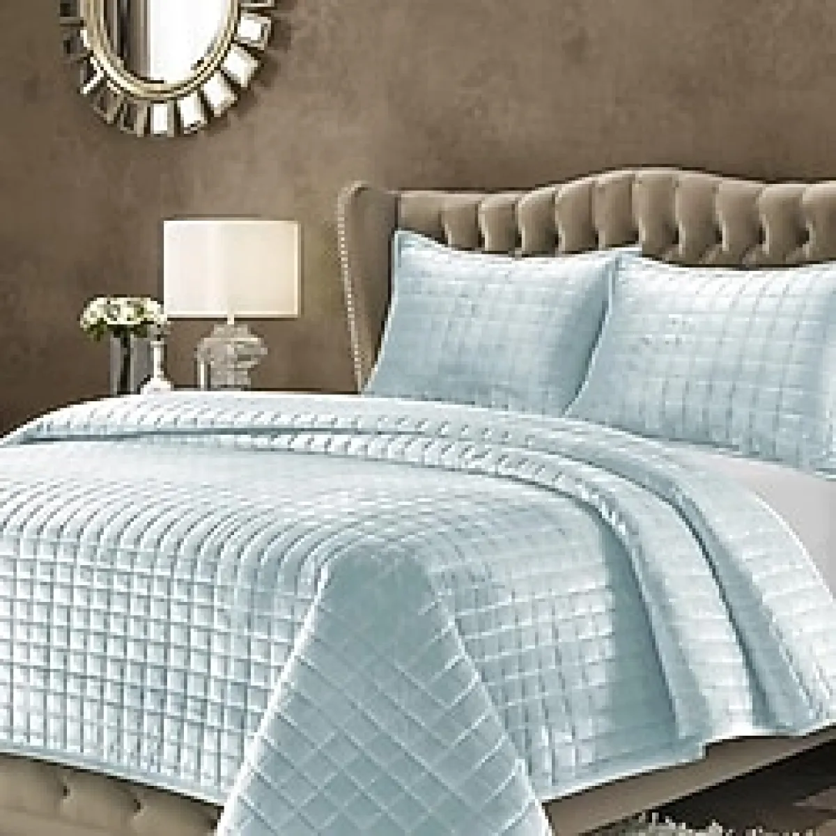 Tribeca Living Floransa Kadife Büyük Boy Düz Yorgan Seti, Pus Mavisi, Queen