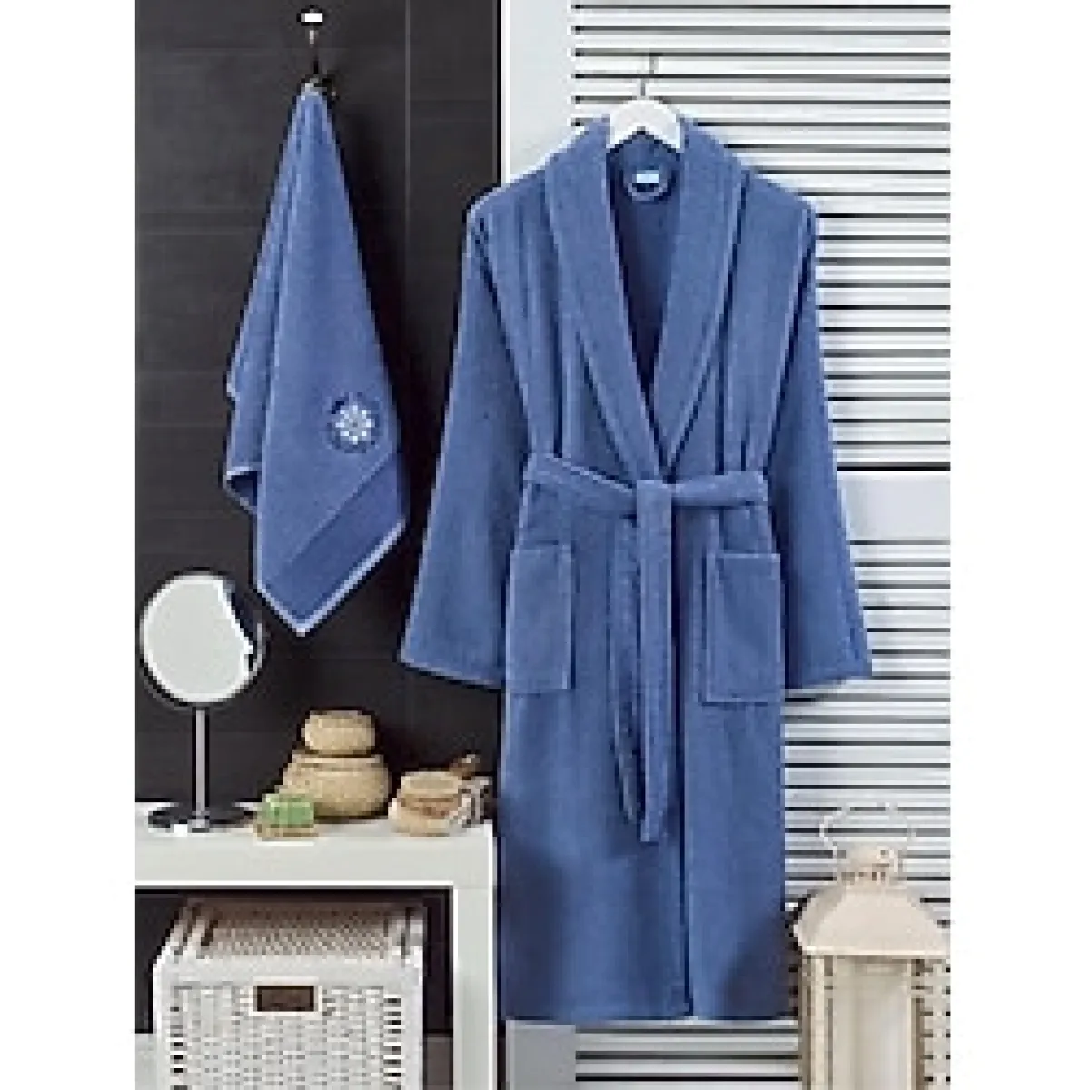 Unisex Lacivert Havlulu Bornoz 2Li Set
