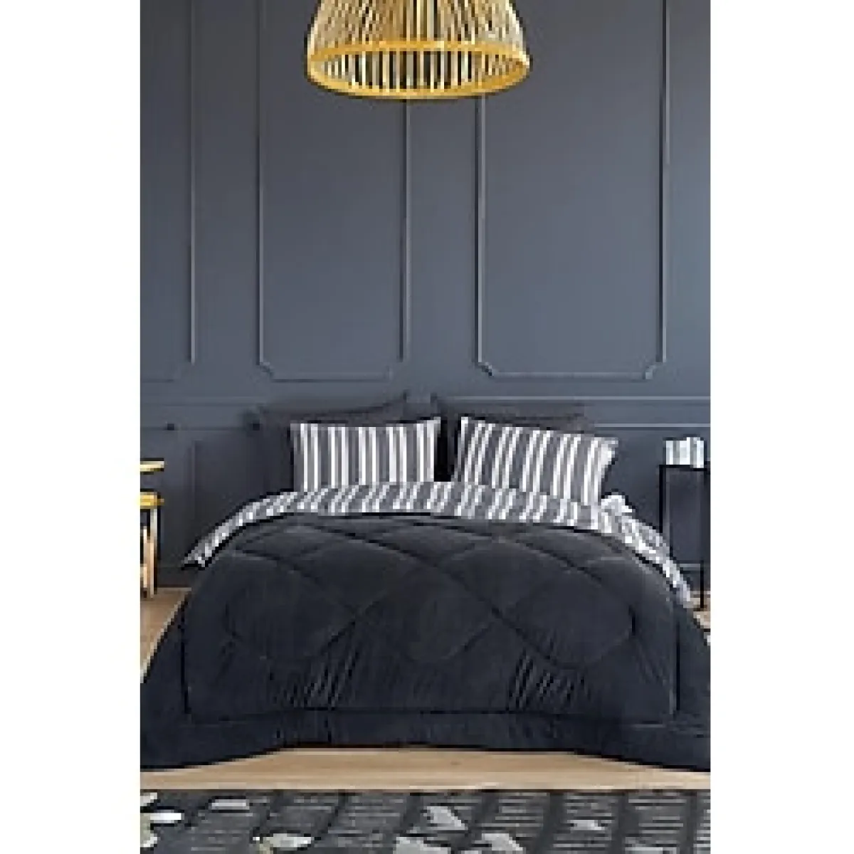 Uyku Seti Wellsoft Yorganlı Pofuduk 4 Parça Çift Kişilik Soft Line Antrasit