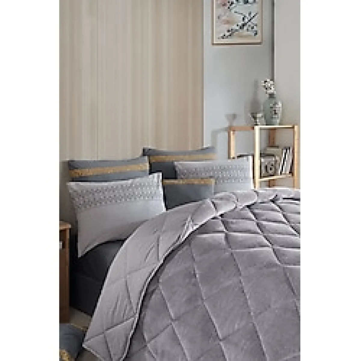 Uykulin Uykulin Çift Kişilik Wellsoft Uyku Seti Çift Taraflı Lastikli Çarşaflı 4 Yastık Kılıflı 6 Parça Set Grey Grey