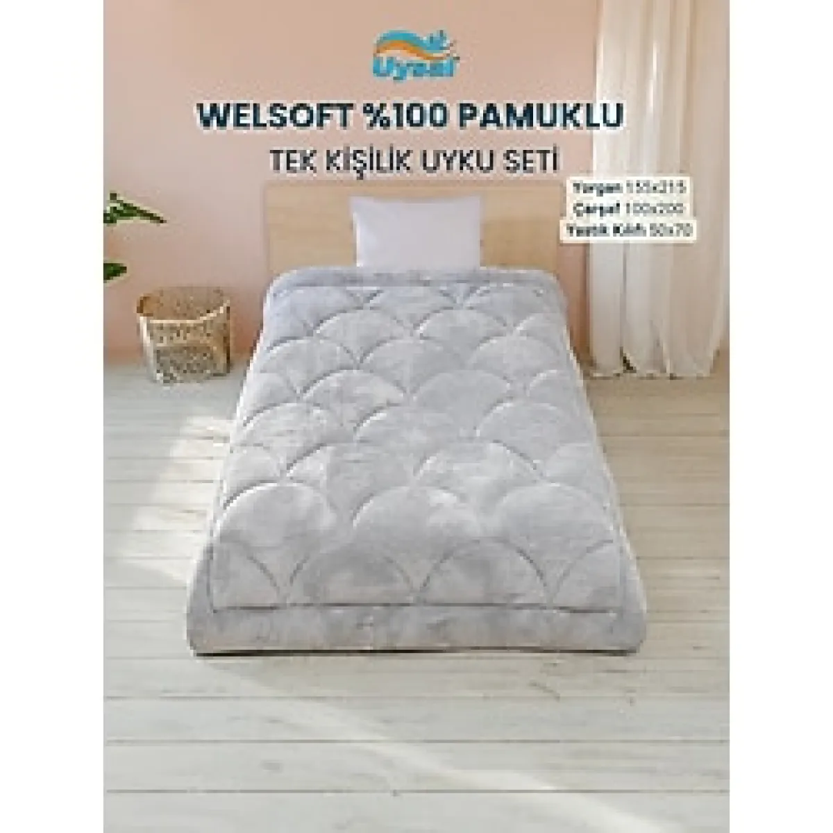 Uysal Yorgan Welsoft Akfil Midye Desen Tek Kişilik Uyku Seti GRİ - Gri