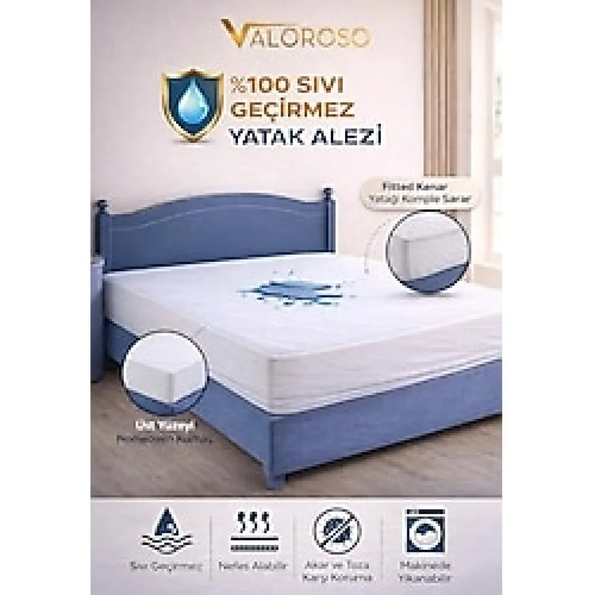 Valoroso Tekstil Fitted Full Kenar Su Sıvı Geçirmez Yatak Koruyucu Alez - 100x200 / 120x200 / 160x200 / 180x200 cm / 200x200 cm (100x200)
