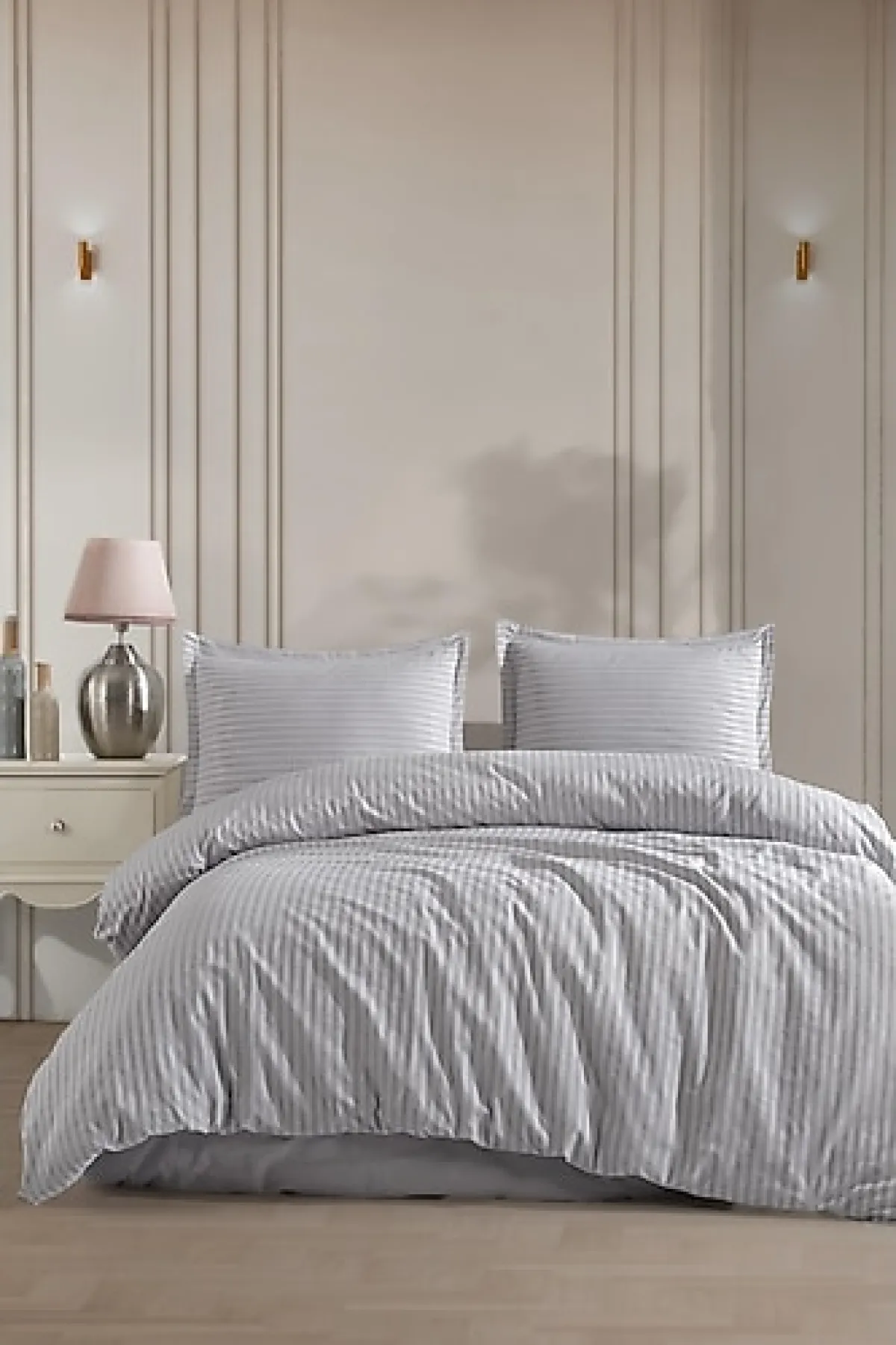 Varol Çizgili Pamuk Saten Gri Çift Kişilik Nevresim Takımı