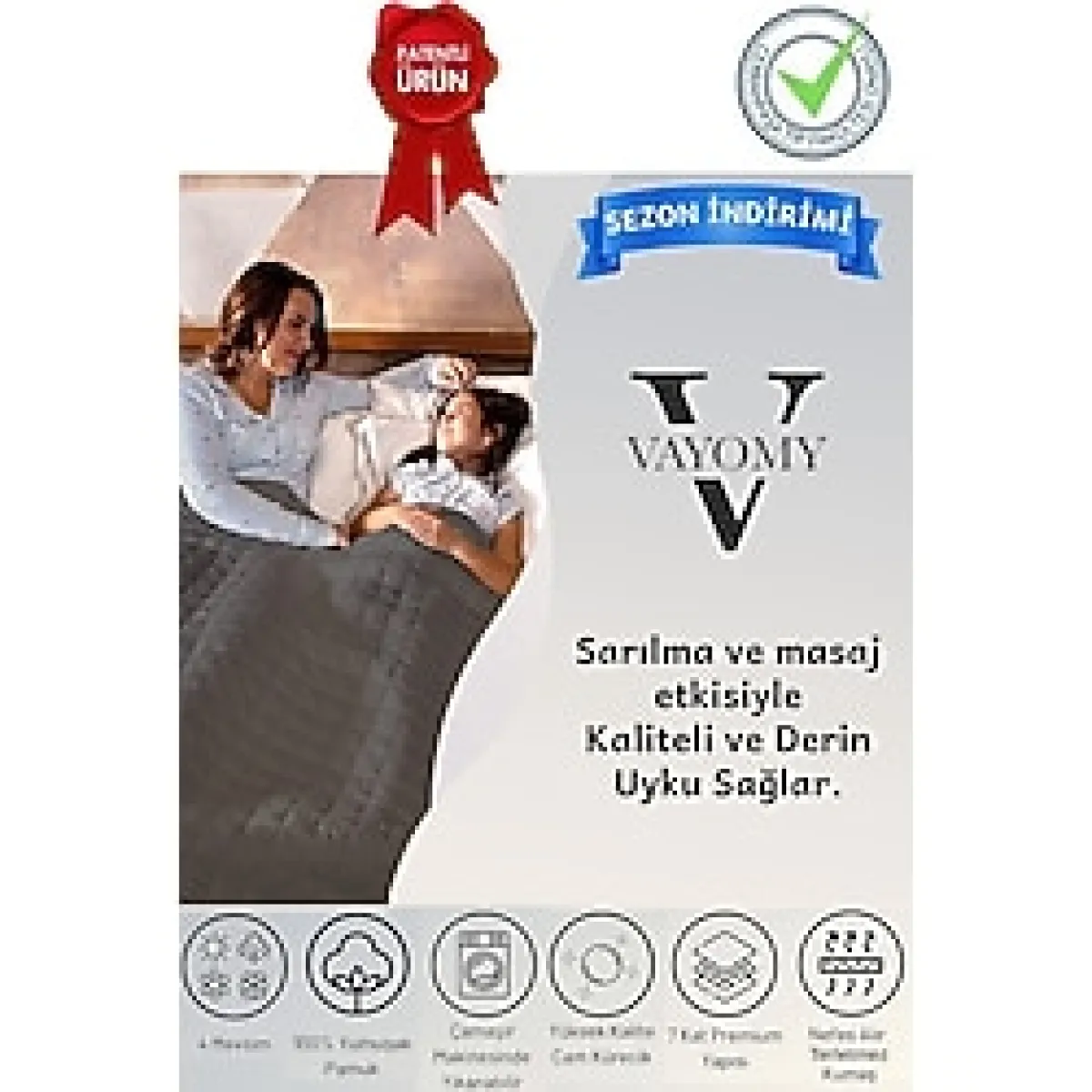 Vayomy Ağırlıklı Battaniye Tek Kişilik Ağırlıklı Yorgan 6 Kg Gri 155x215 %100 Pamuk 4 Mevsim Kullanılabilir