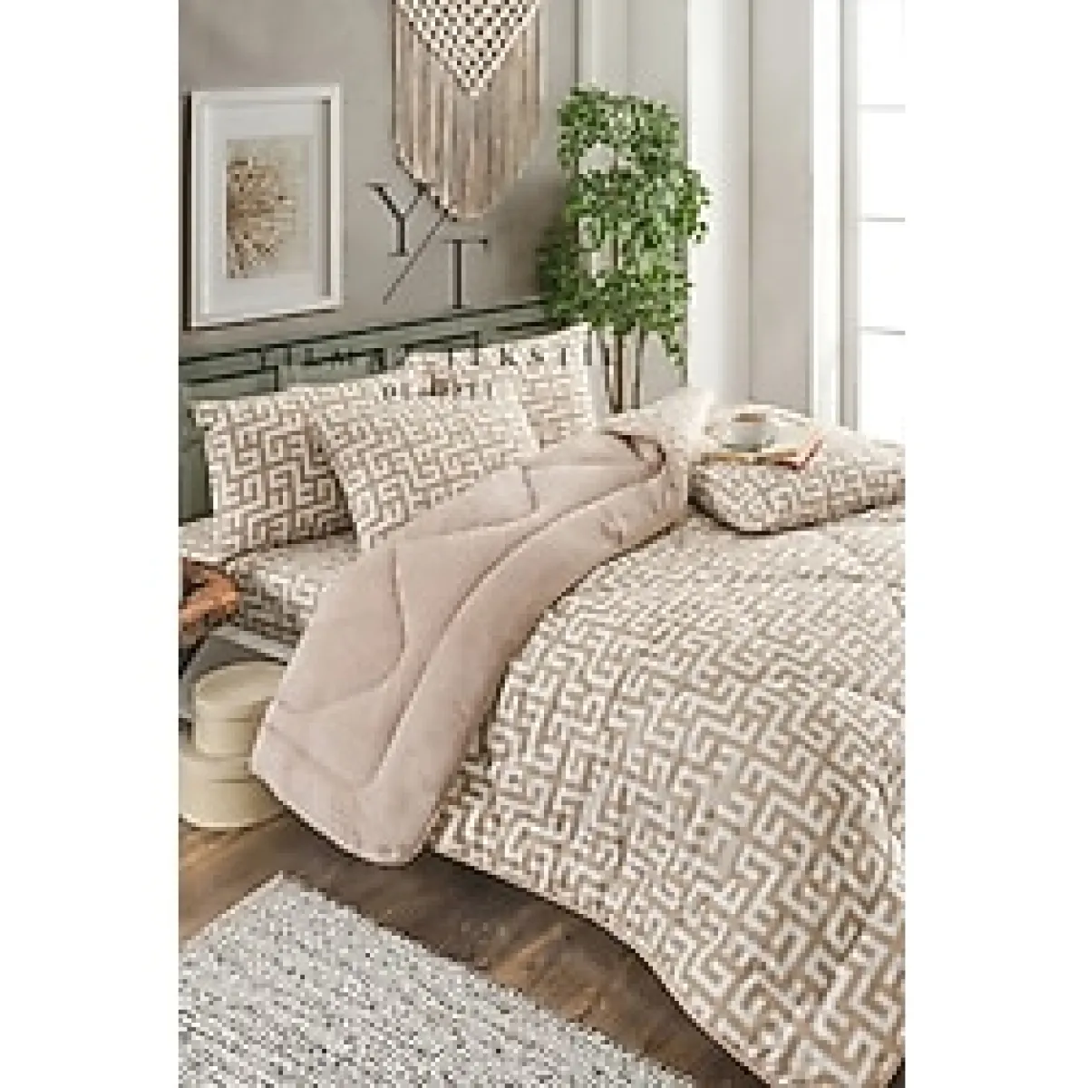 Yılmaz Tekstil Denizli Çift Kişilik Welsoft Yorgan Uyku Seti Lastikli Çarşaflı Labirent Bej Çeyiz Seti Çeyiz Takımı