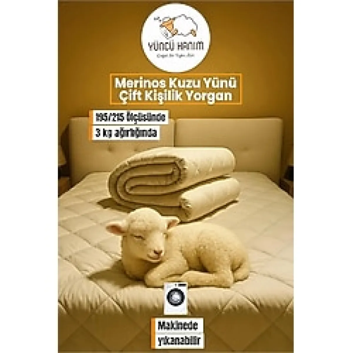 Yüncü Hanım Çift Kişilik Merinos Kuzu Yünü Yorgan (%100 SAF MERİNOS KUZU YÜNÜ) 195 X 215 Cm Ebat, 3000 gram