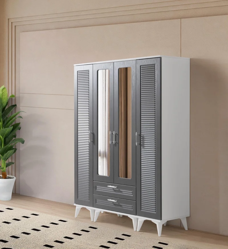 AK102 Panjur Aynalı 4 Kapılı Beyaz Antrasit Dolap